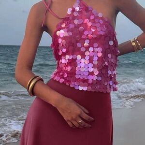 Hot Pink Sequin Halter Top Size Small NWOT Y2K Barbie Festival Party Top